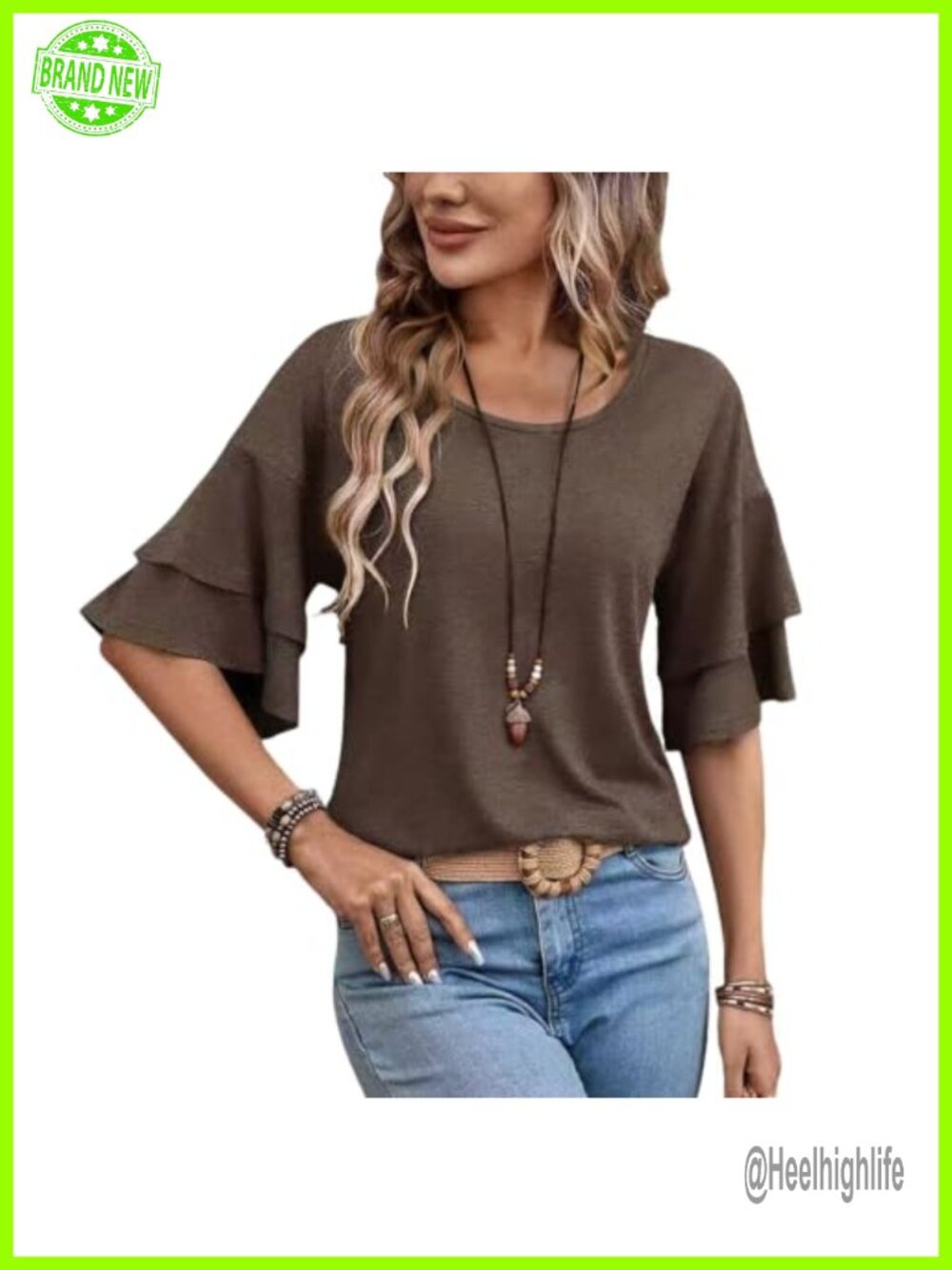 Womens Double Ruffle 3/4 Bell Sleeve Crew Neck Tunic T-Shirt Dressy Casual Top
